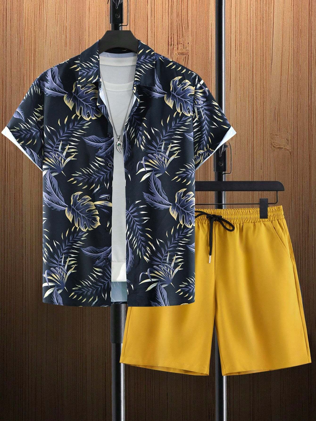 Tropical Print Shirt And Drawstring Shorts-Vacay Outfit