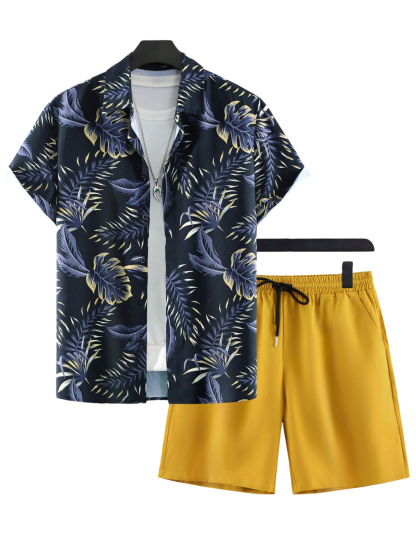 Tropical Print Shirt And Drawstring Shorts-Vacay Outfit