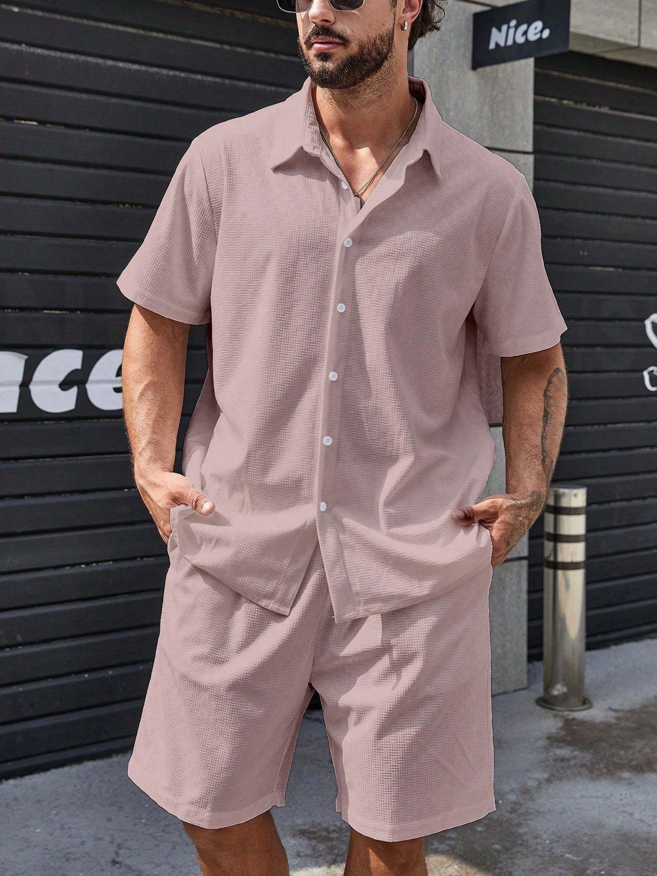 Solid Colored Button Up Shirt And Shorts-Vacay Outfit