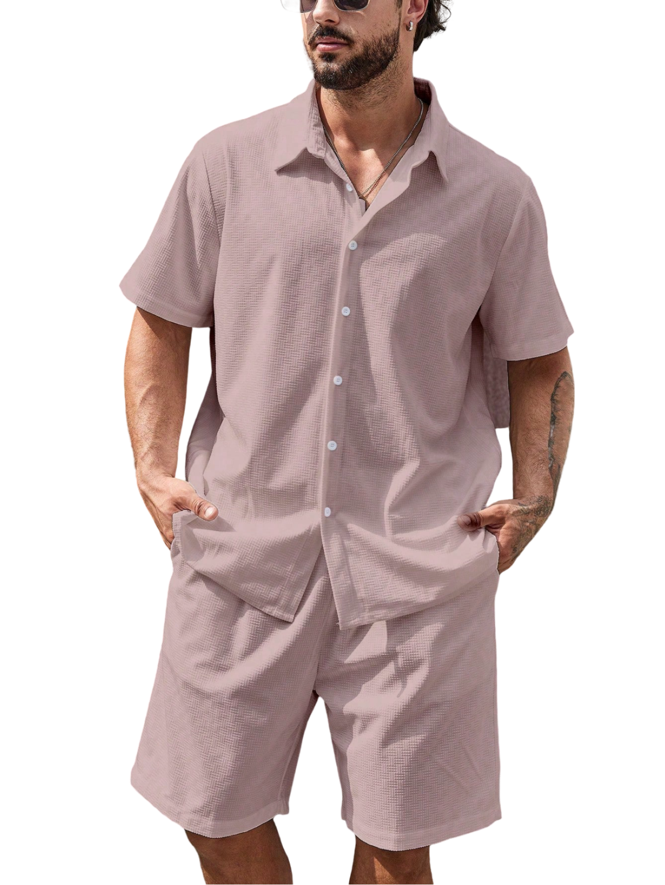 Solid Colored Button Up Shirt And Shorts-Vacay Outfit