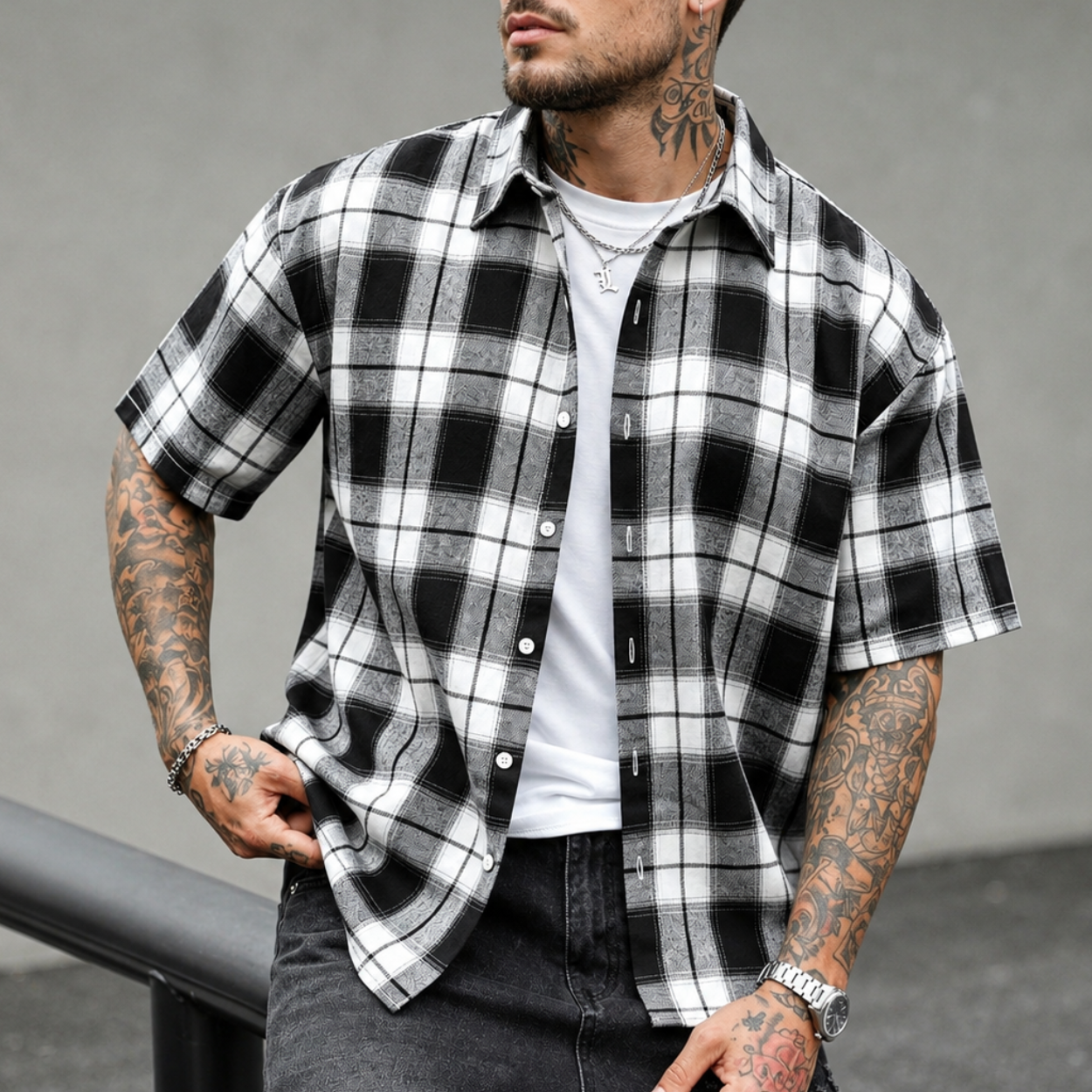 Casual Retro Checkered Short Sleeve Shirt For Men