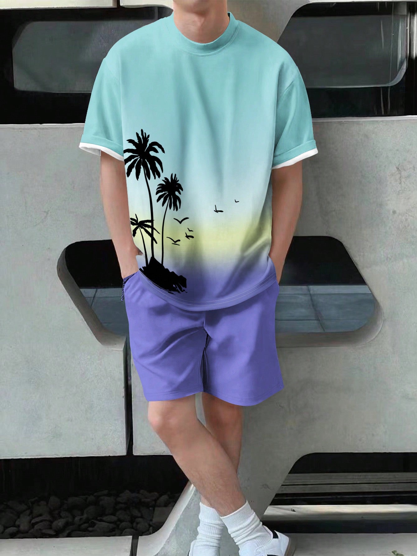 Sunset Palms Tee And Shorts Set-Vacay Outfit