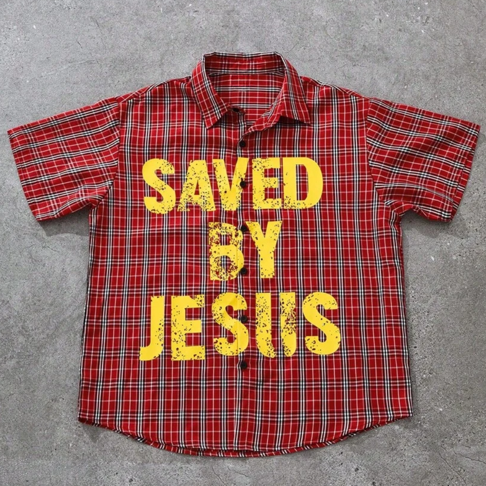 Oversized Graphic Plaid Print Short Sleeve Button Up Shirt For Men