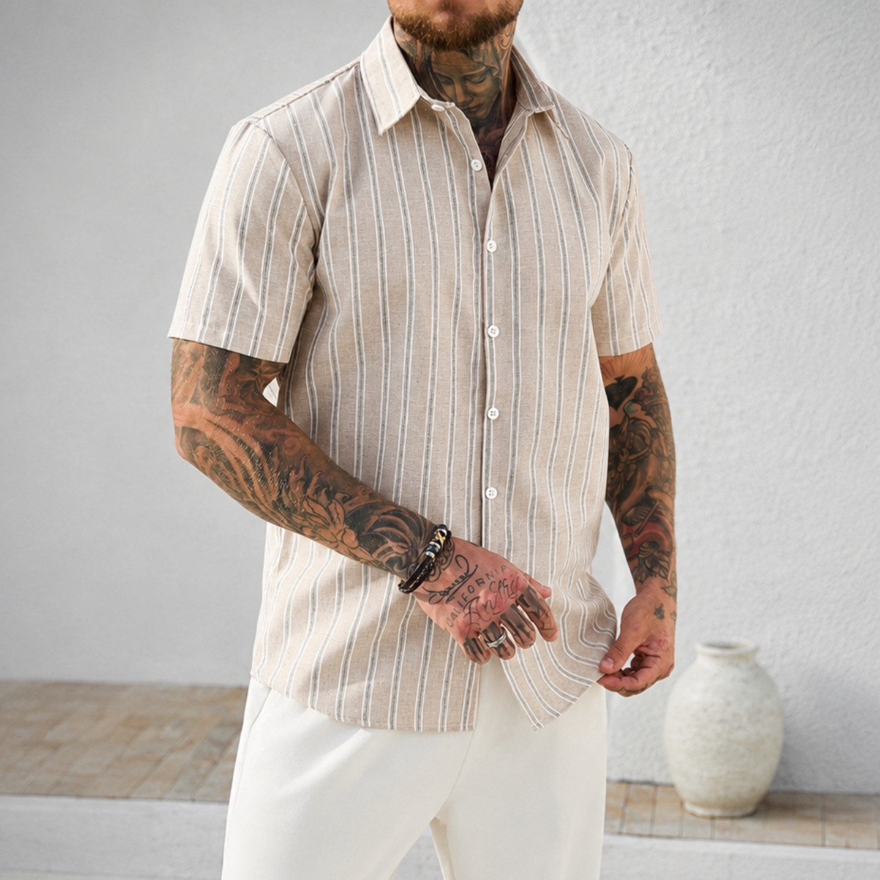 Striped Pattern Short Sleeve Button Up Shirt For Men