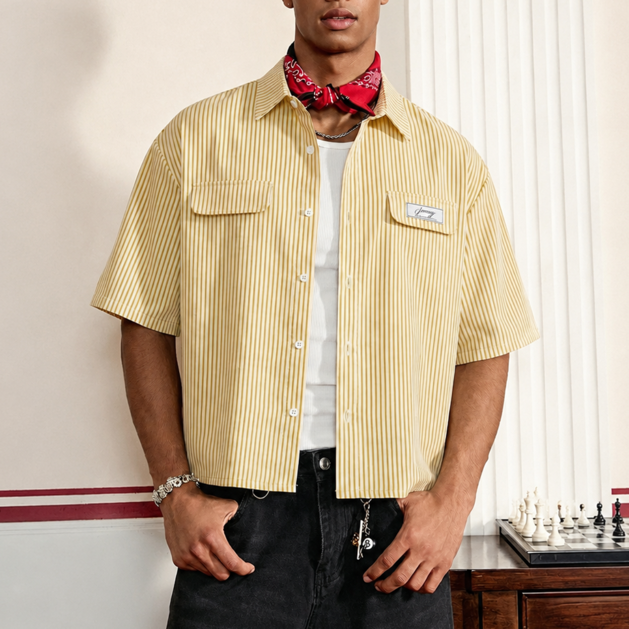 Loose Fit Plaid Pattern Short Sleeve Shirt For Men