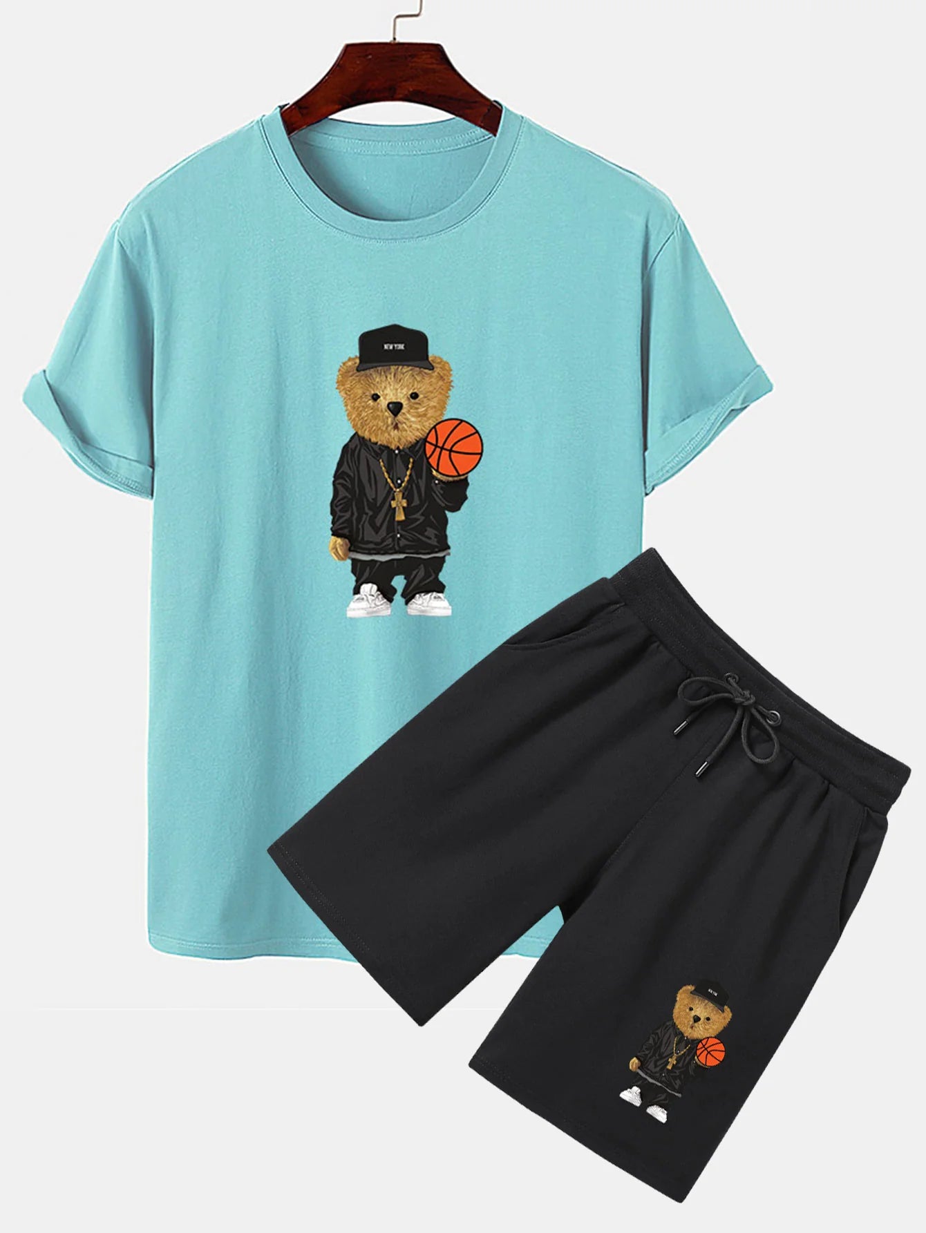 Basketball Bear Print T-Shirt And Shorts-Vacay Outfit