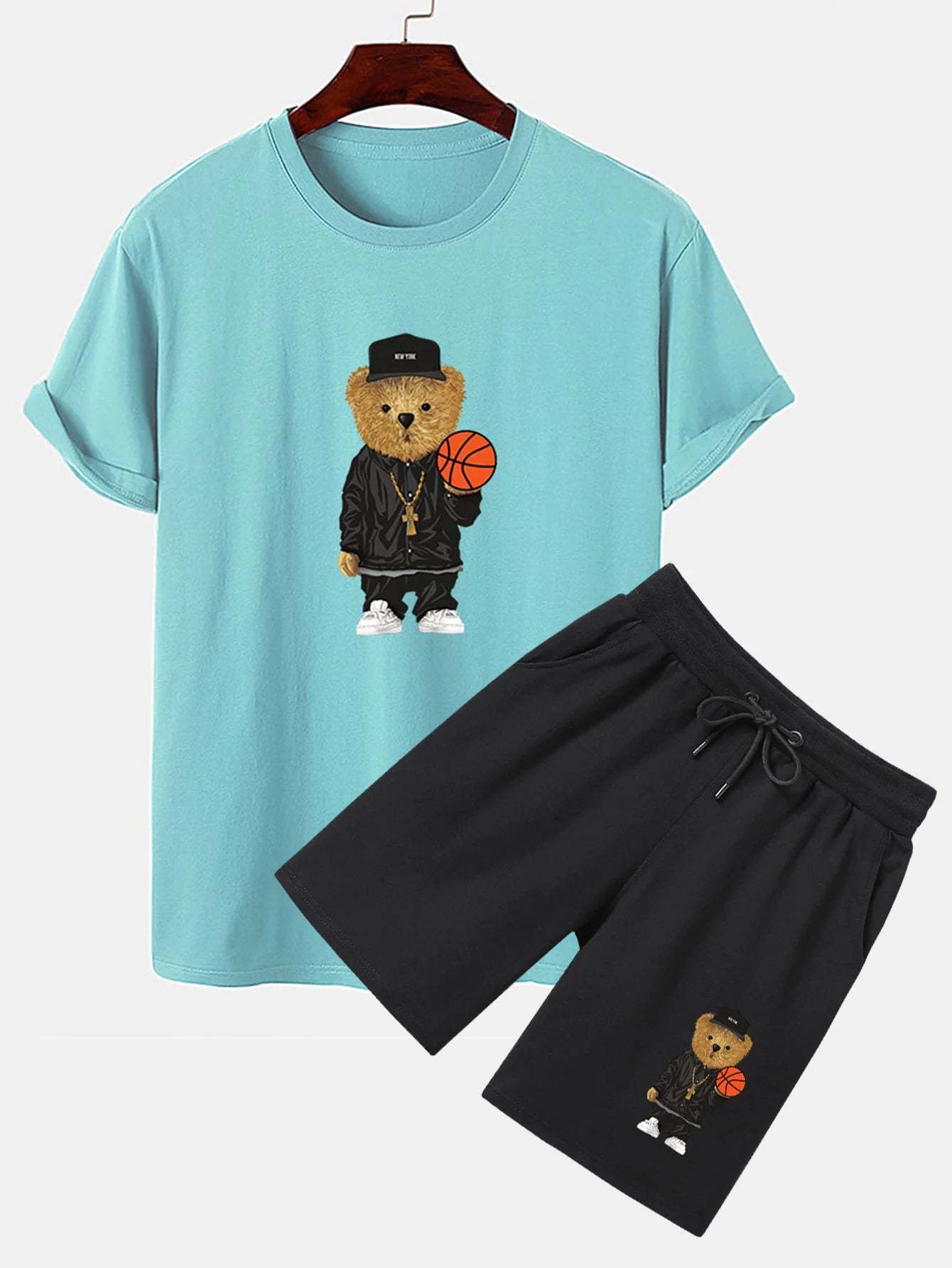 Basketball Bear Print T-Shirt And Shorts-Vacay Outfit