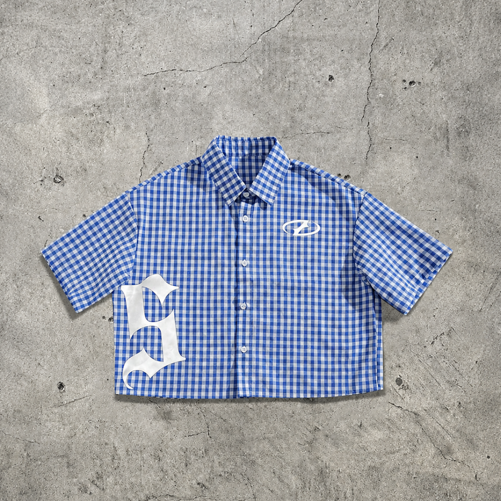 Plaid Graffiti Print Short Sleeve Button Up Streetwear Shirt for Men