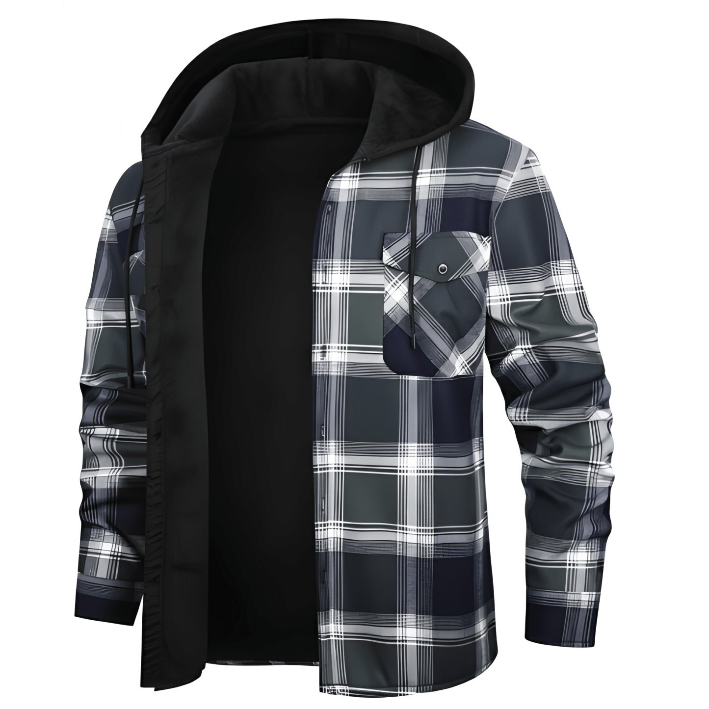 Thermal Lined Fleece Jacket With Hood And Plaid Design For Men