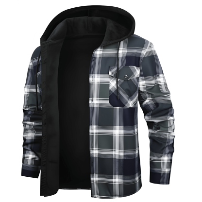 Thermal Lined Fleece Jacket With Hood And Plaid Design For Men