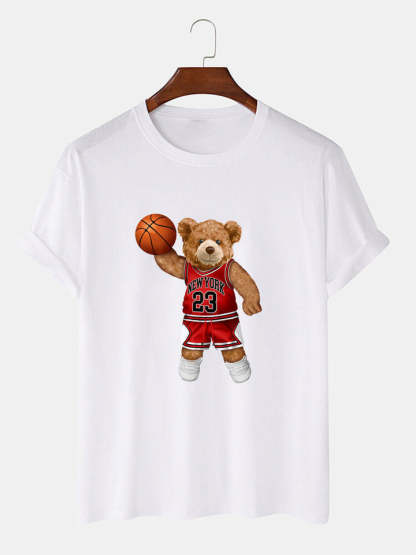 Bear Playing Basketball Print T-Shirt-Vacay Outfit