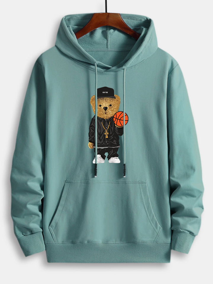 Basketball Bear Print Cotton Hoodie-Vacay Outfit