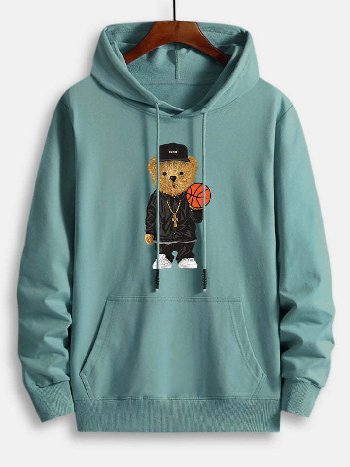 Basketball Bear Print Cotton Hoodie-Vacay Outfit