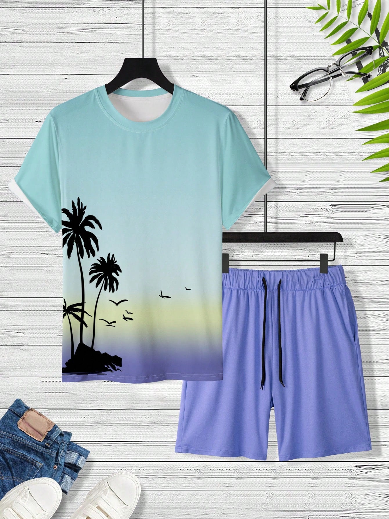Sunset Palms Tee And Shorts Set-Vacay Outfit