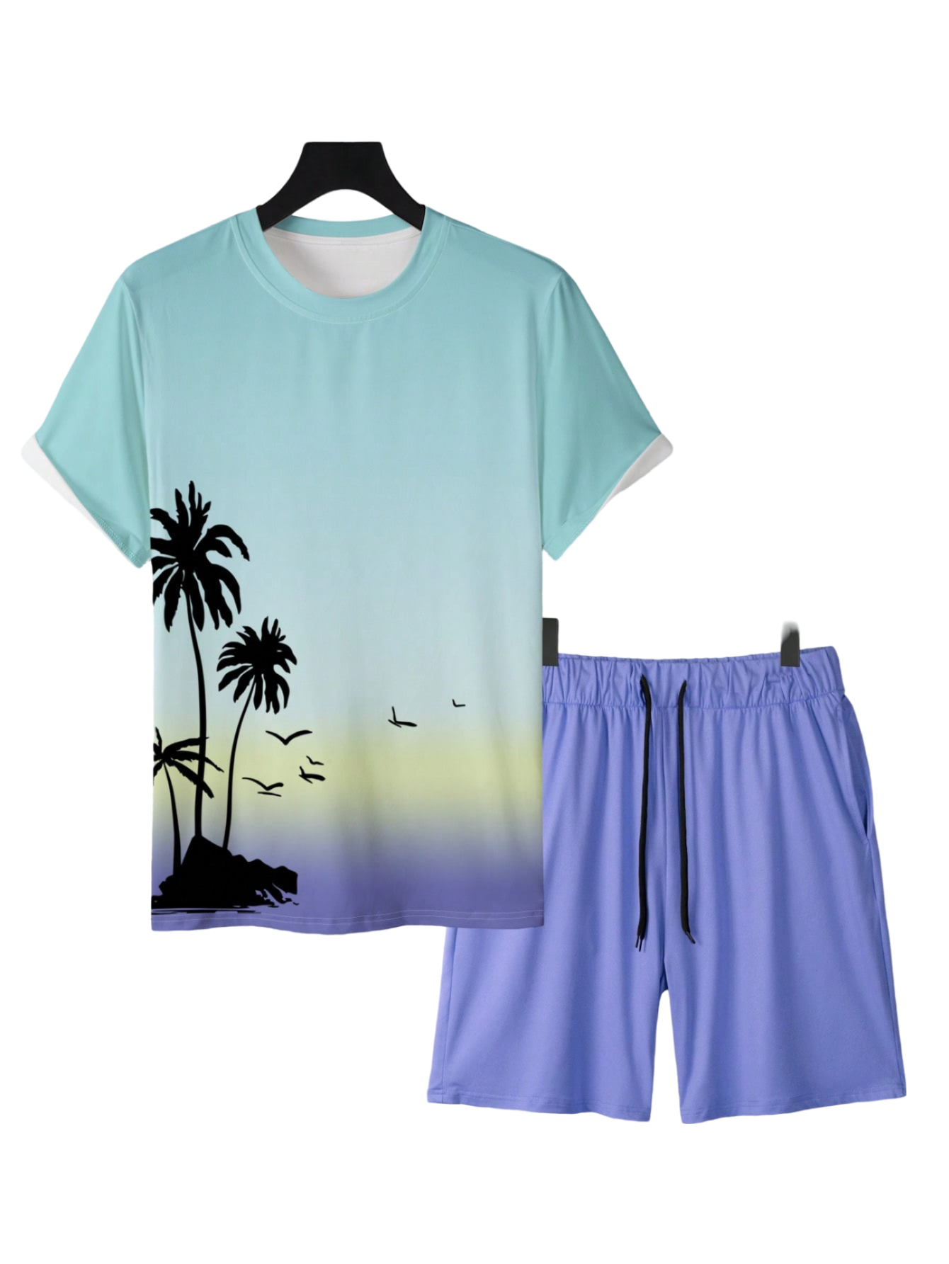 Sunset Palms Tee And Shorts Set-Vacay Outfit