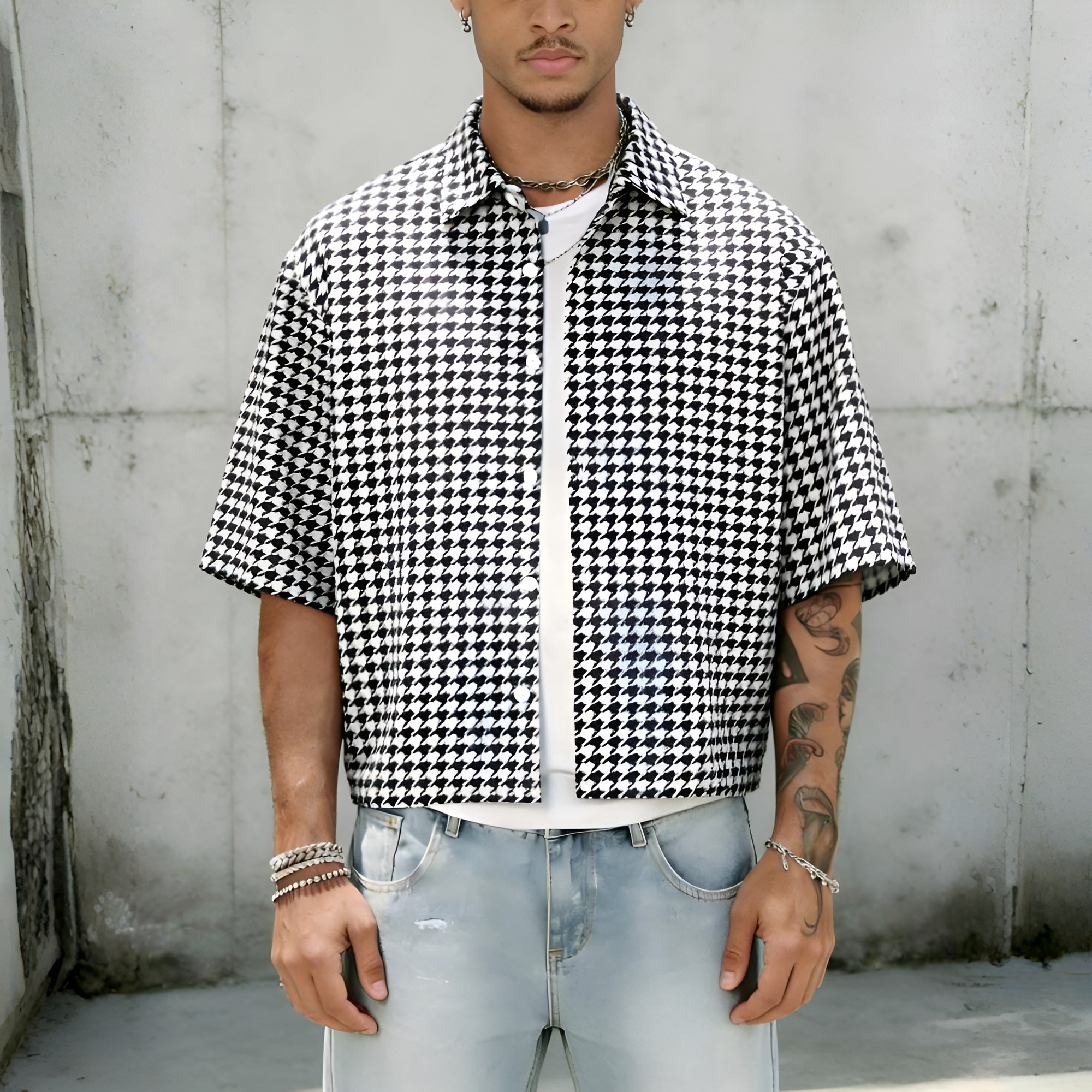 Houndstooth Slim Fit Short Sleeve Casual Street Style Shirt For Men
