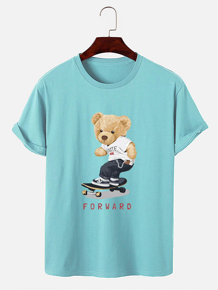 Bear On Skateboard Print T-Shirt-Vacay Outfit