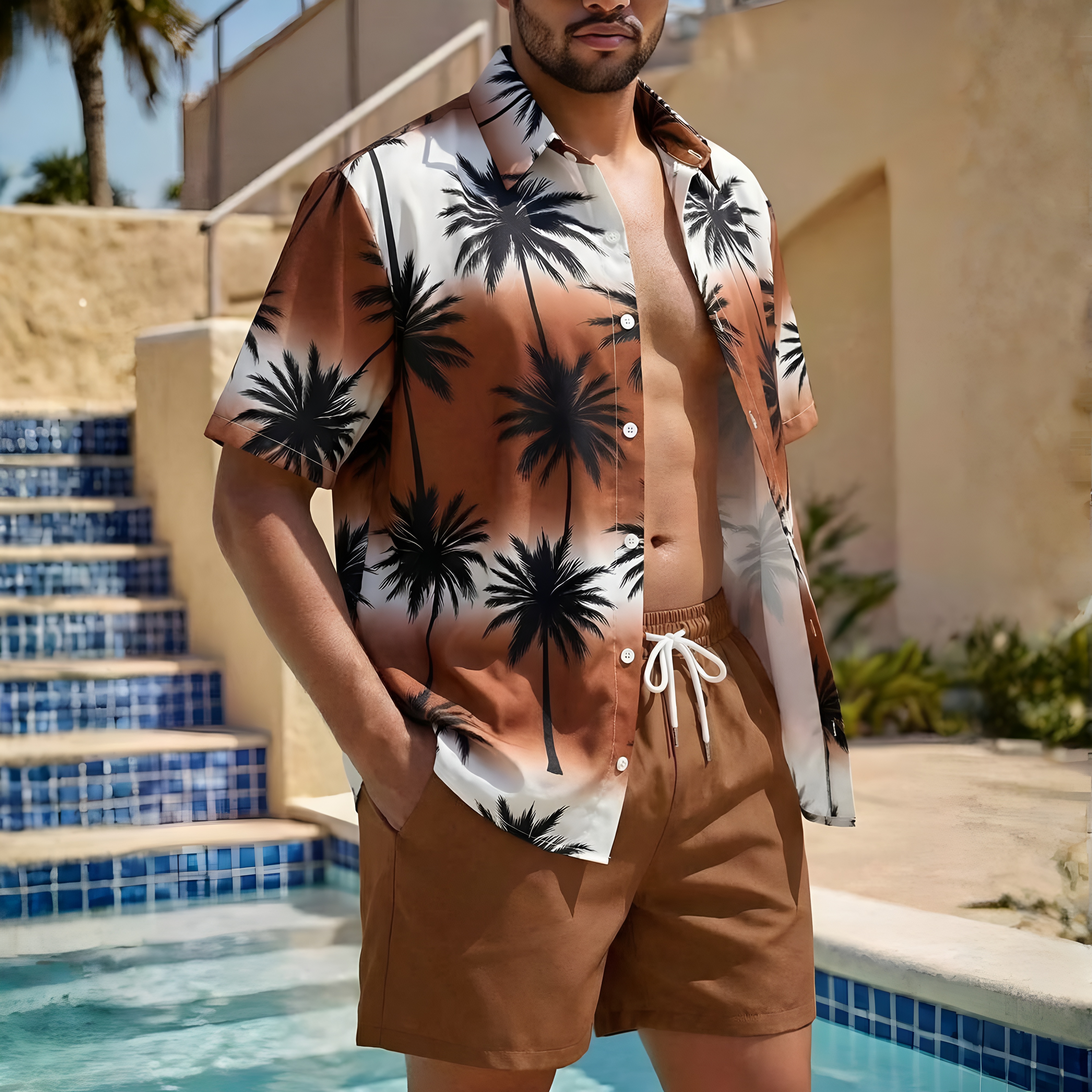 Summer Vacation House Print Short Sleeve Shirt And Shorts Set For Men