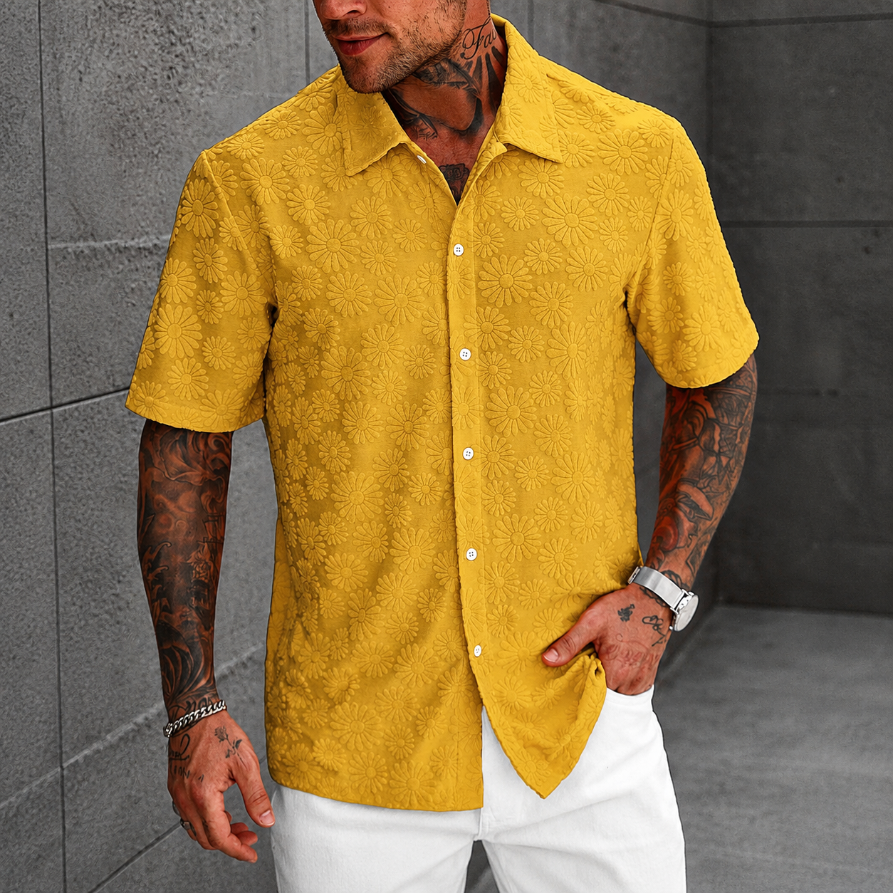 Casual Solid Colored Textured Jacquard Short Sleeve Shirt