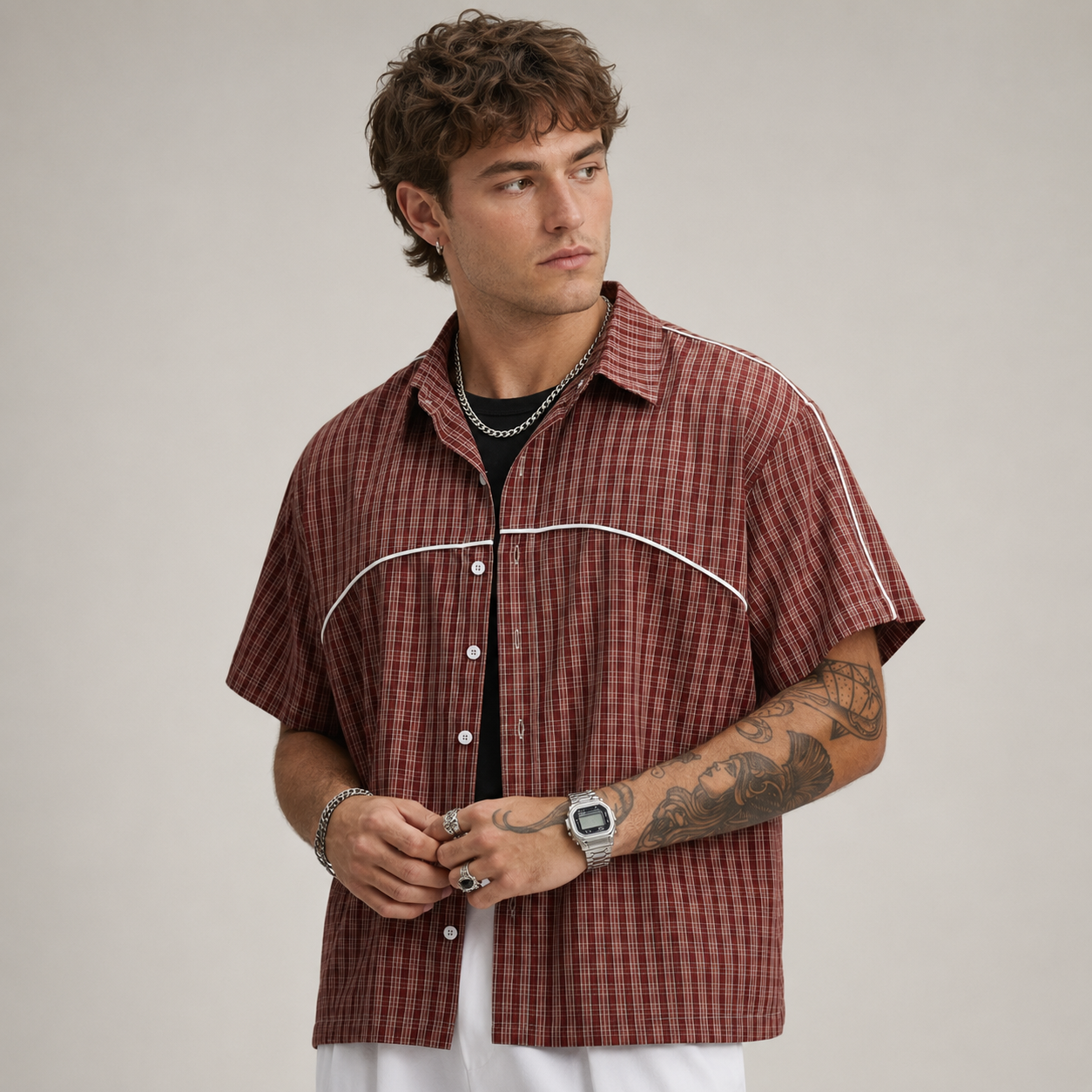 Casual Streetwear Retro Summer Short Sleeve Plaid Patchwork Loose For Men