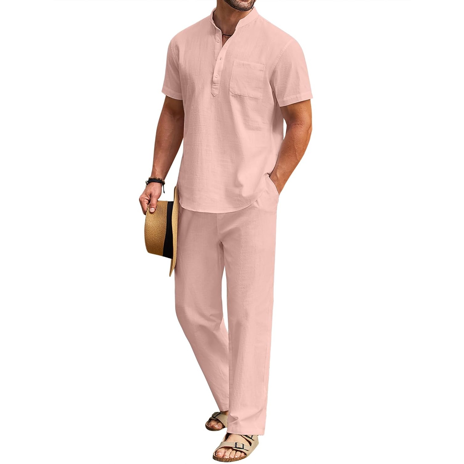 Casual Short Sleeve Cotton Linen Shirt And Pant Set For Men