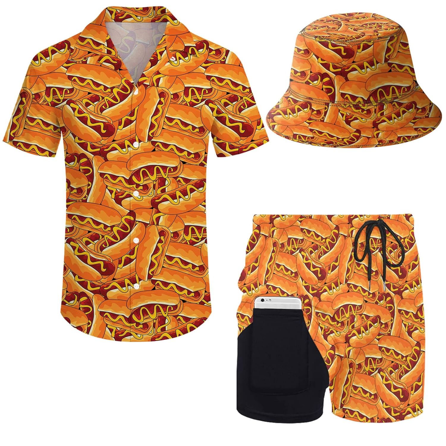 2 Pieces Button Down Shirt and Compression Liner Short Sets with Bucket Hats For Men
