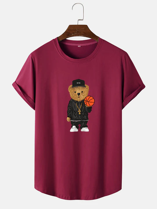 Basketball Bear Print Arc Hem T-Shirt-Vacay Outfit