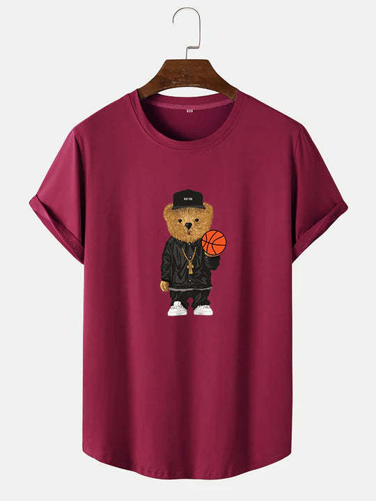 Basketball Bear Print Arc Hem T-Shirt-Vacay Outfit