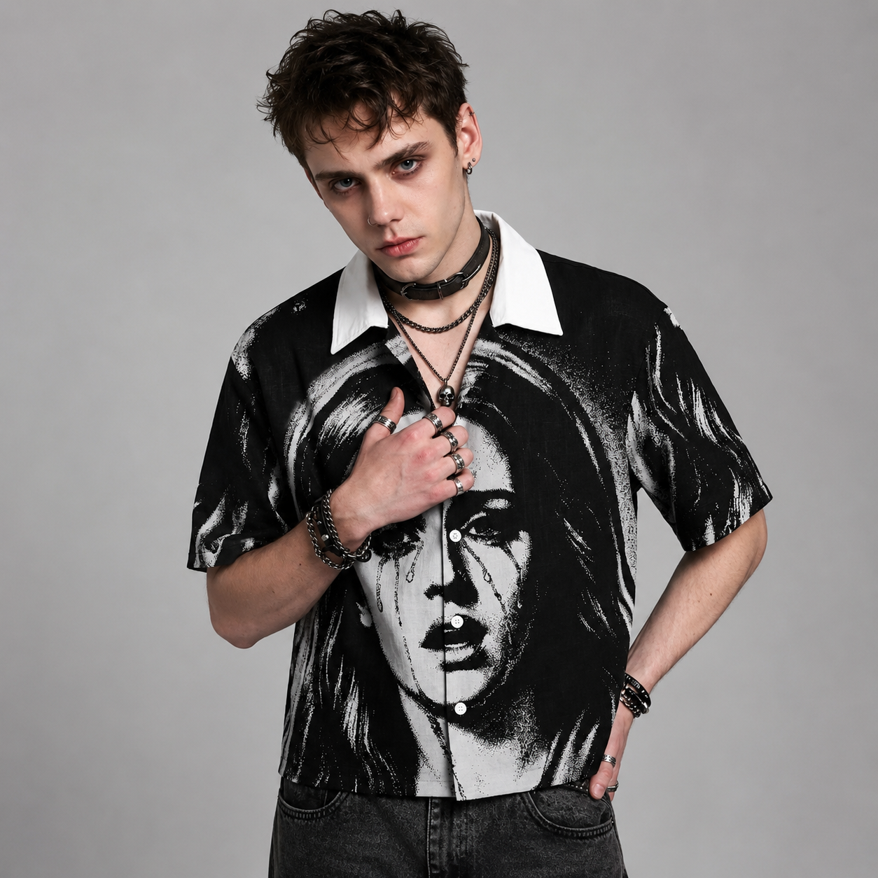 Streetwear Loose Fit Graphic Print Short Sleeve Casual Shirt For Men