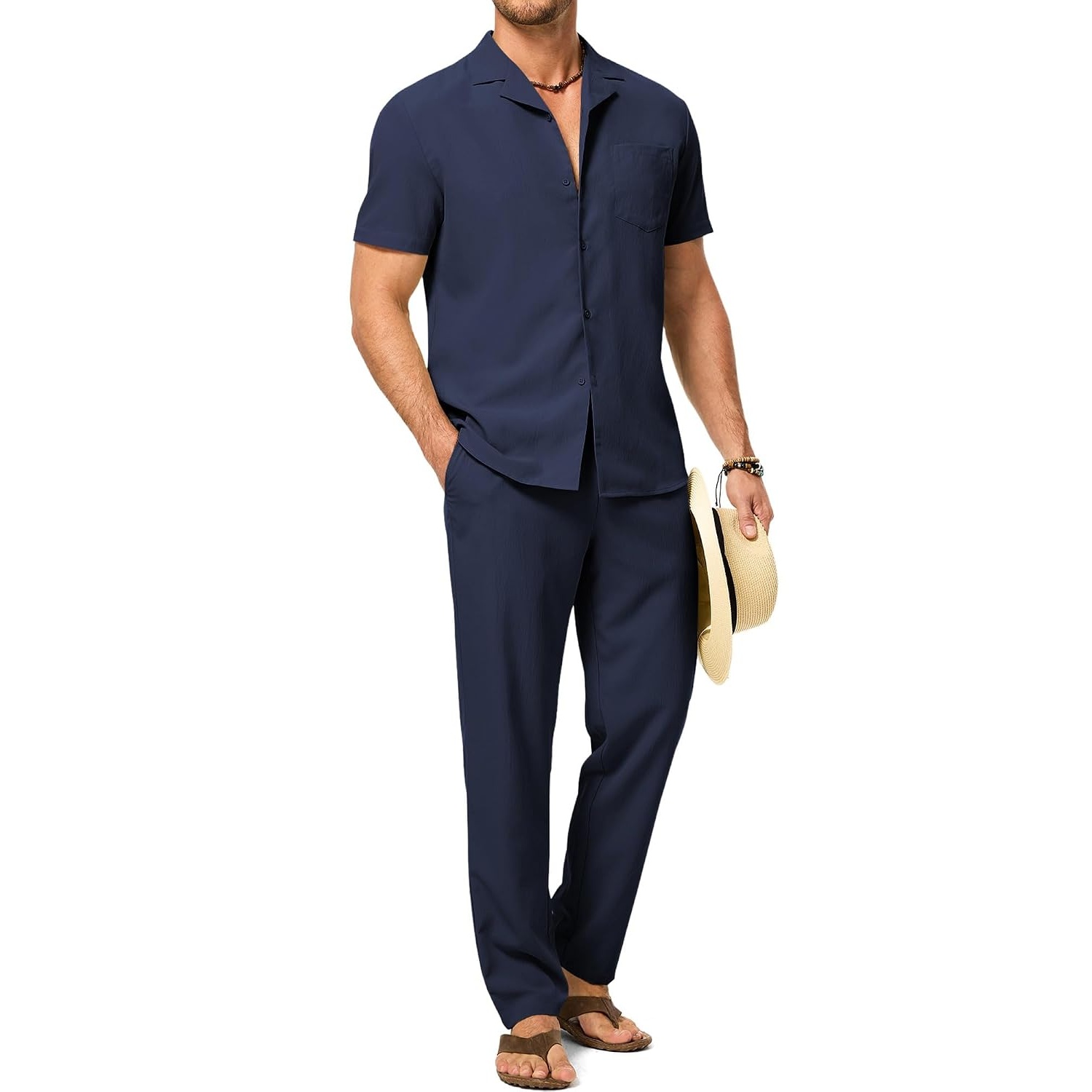 Casual Beach Short Sleeve Shirt And Pant Set For Men
