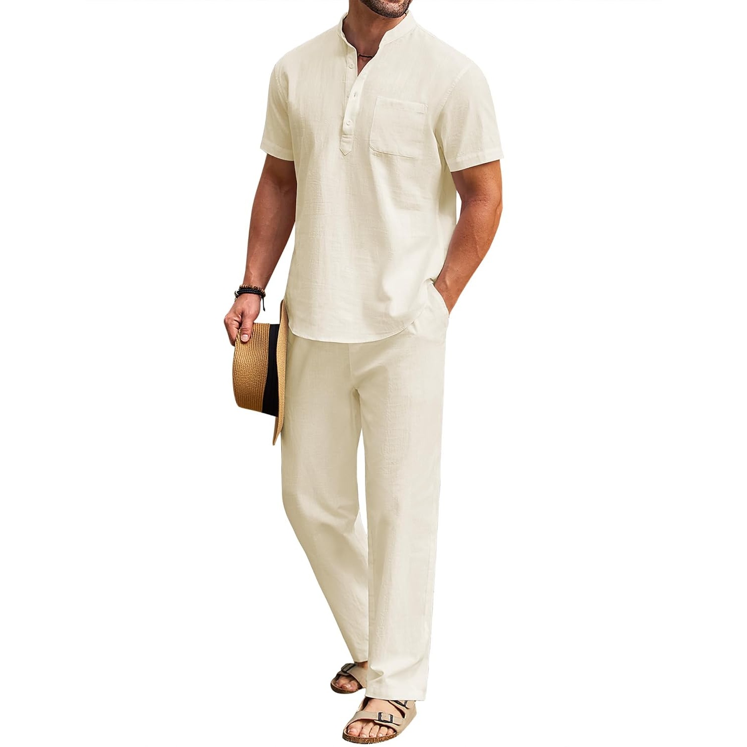 Casual Short Sleeve Cotton Linen Shirt And Pant Set For Men