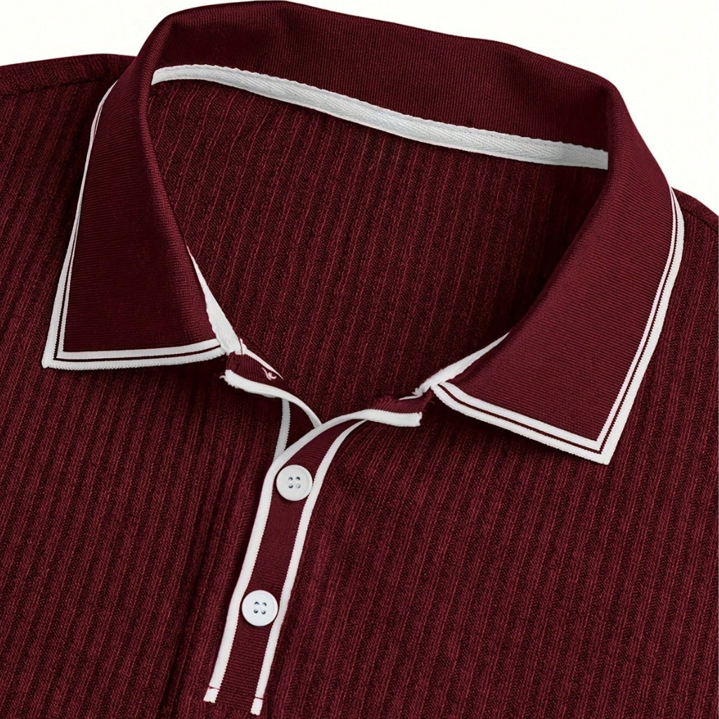 Casual Ribbed Short Sleeve Polo Shirt With Turndown Collar And Buttons For Men