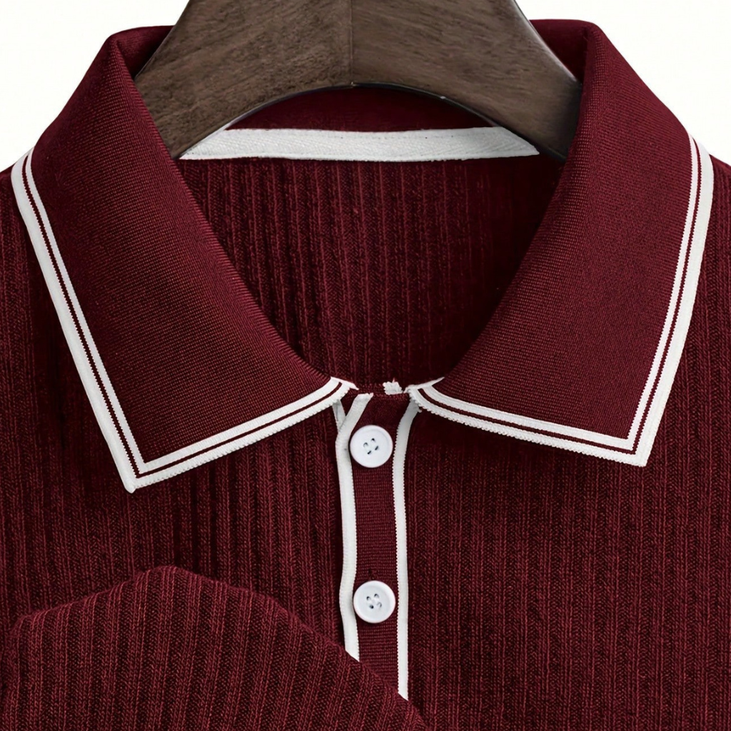 Casual Ribbed Short Sleeve Polo Shirt With Turndown Collar And Buttons For Men