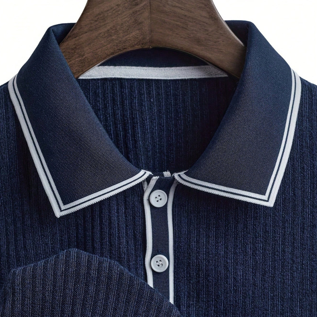 Casual Ribbed Short Sleeve Polo Shirt With Turndown Collar And Buttons For Men