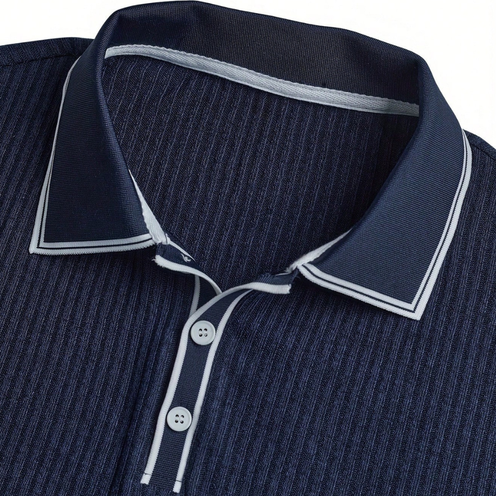 Casual Ribbed Short Sleeve Polo Shirt With Turndown Collar And Buttons For Men