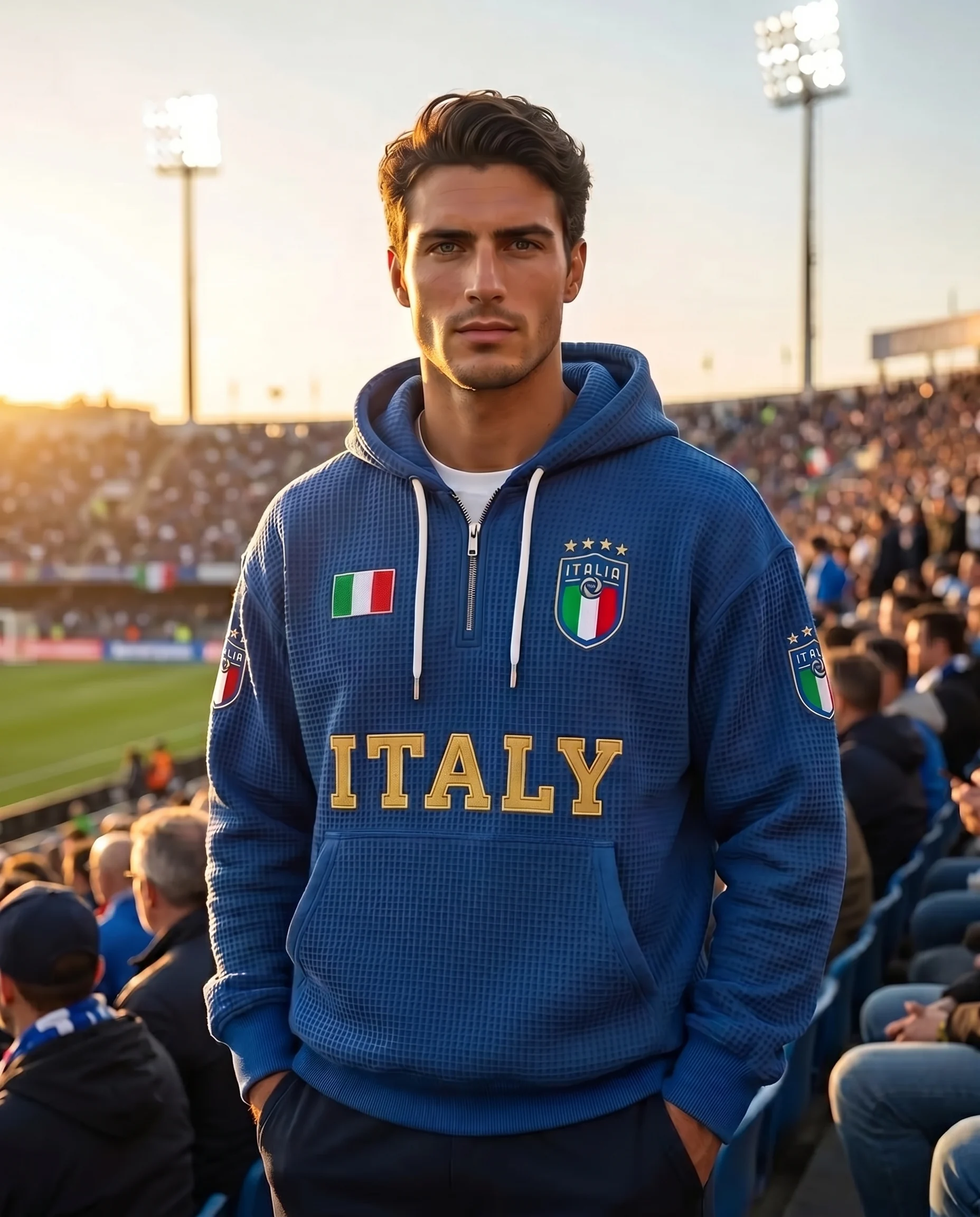 Italy waffle quarter-zip hoodie worn by a fan in a packed stadium on match day