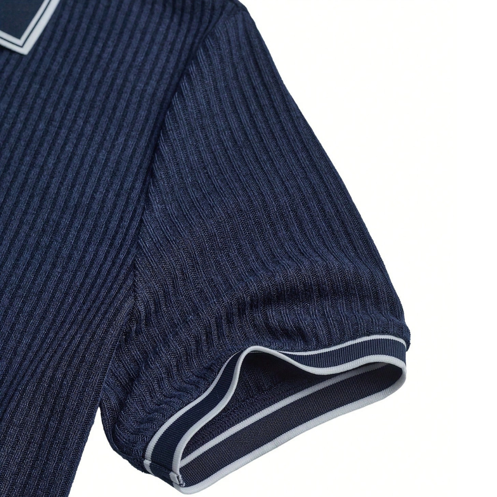 Casual Ribbed Short Sleeve Polo Shirt With Turndown Collar And Buttons For Men