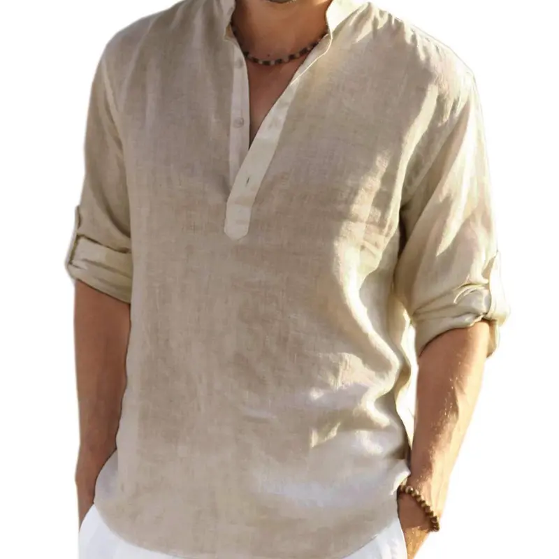 Casual Stand Collar Long Roll Up Sleeve Button Down Shirt For Men