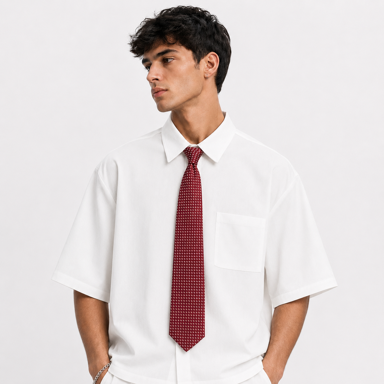 Solid Color Loose Fit Short Sleeve Shirt With Tie For Men