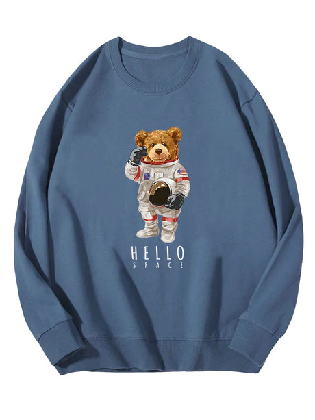 Astronaut Bear Print Cotton Sweatshirt-Vacay Outfit