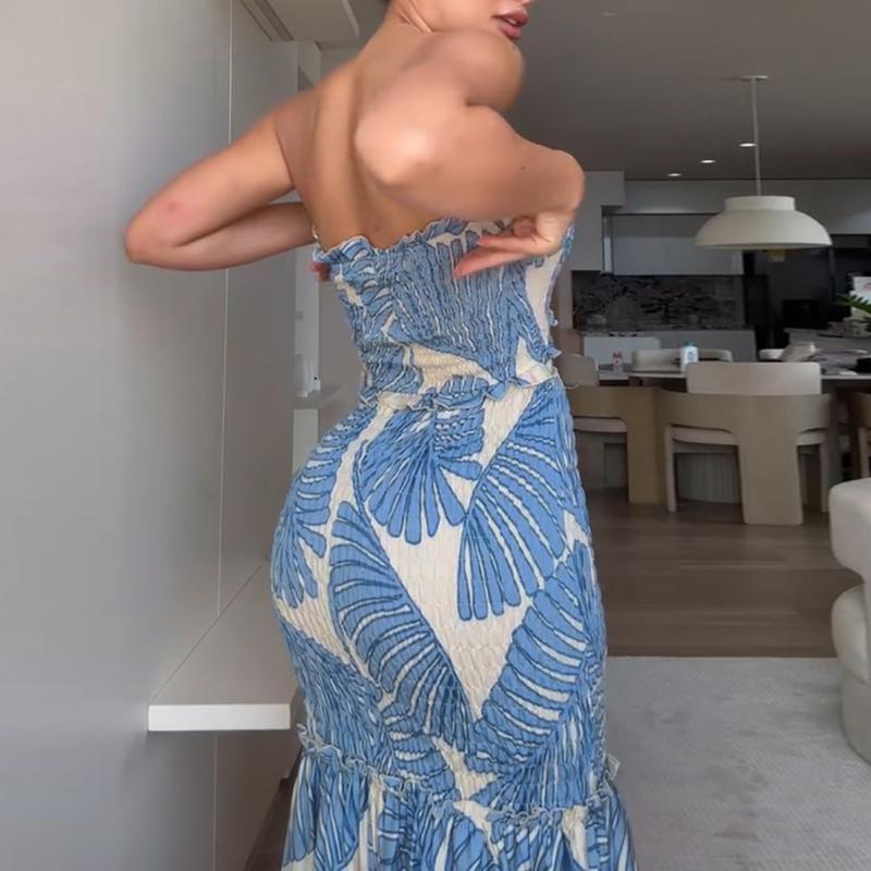 Women's Tropical Print Drawstring Ruched Shirred Frill Trim Bandeau Vacation Dress