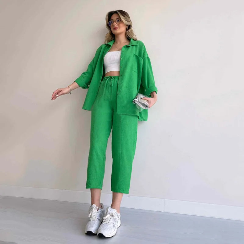 Solid Colored Long Sleeve Shirt And Trouser Co-Ord Set-Vacay Outfit