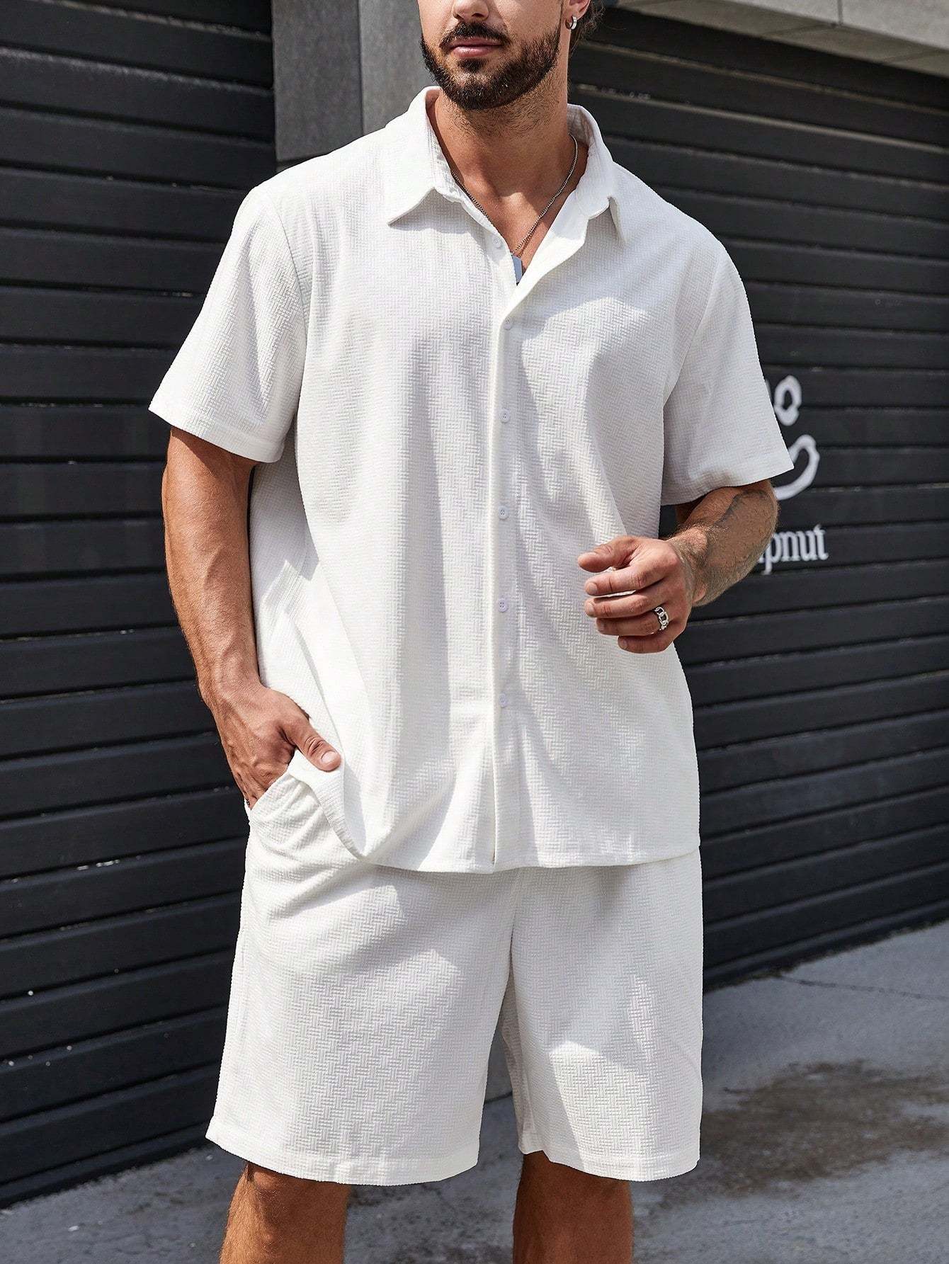 Solid Colored Button Up Shirt And Shorts-Vacay Outfit