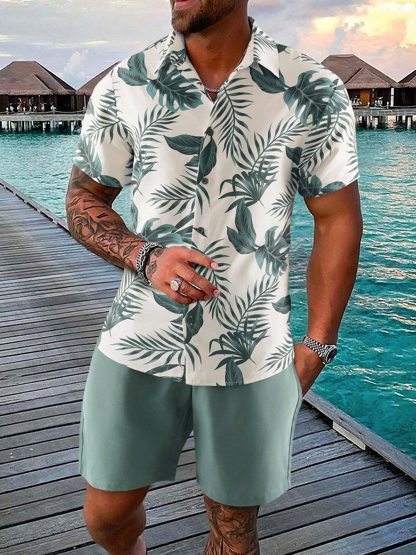 Tropical Print Shirt And Drawstring Shorts-Vacay Outfit