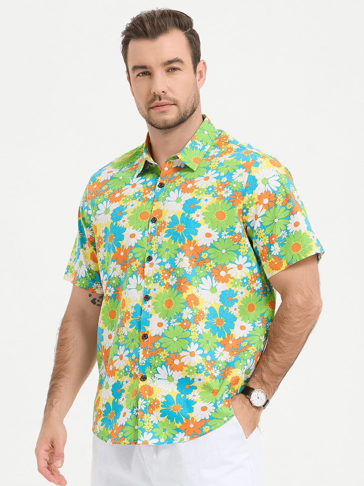 Men Striped And Floral Short Sleeve Shirts-Vacay Outfit