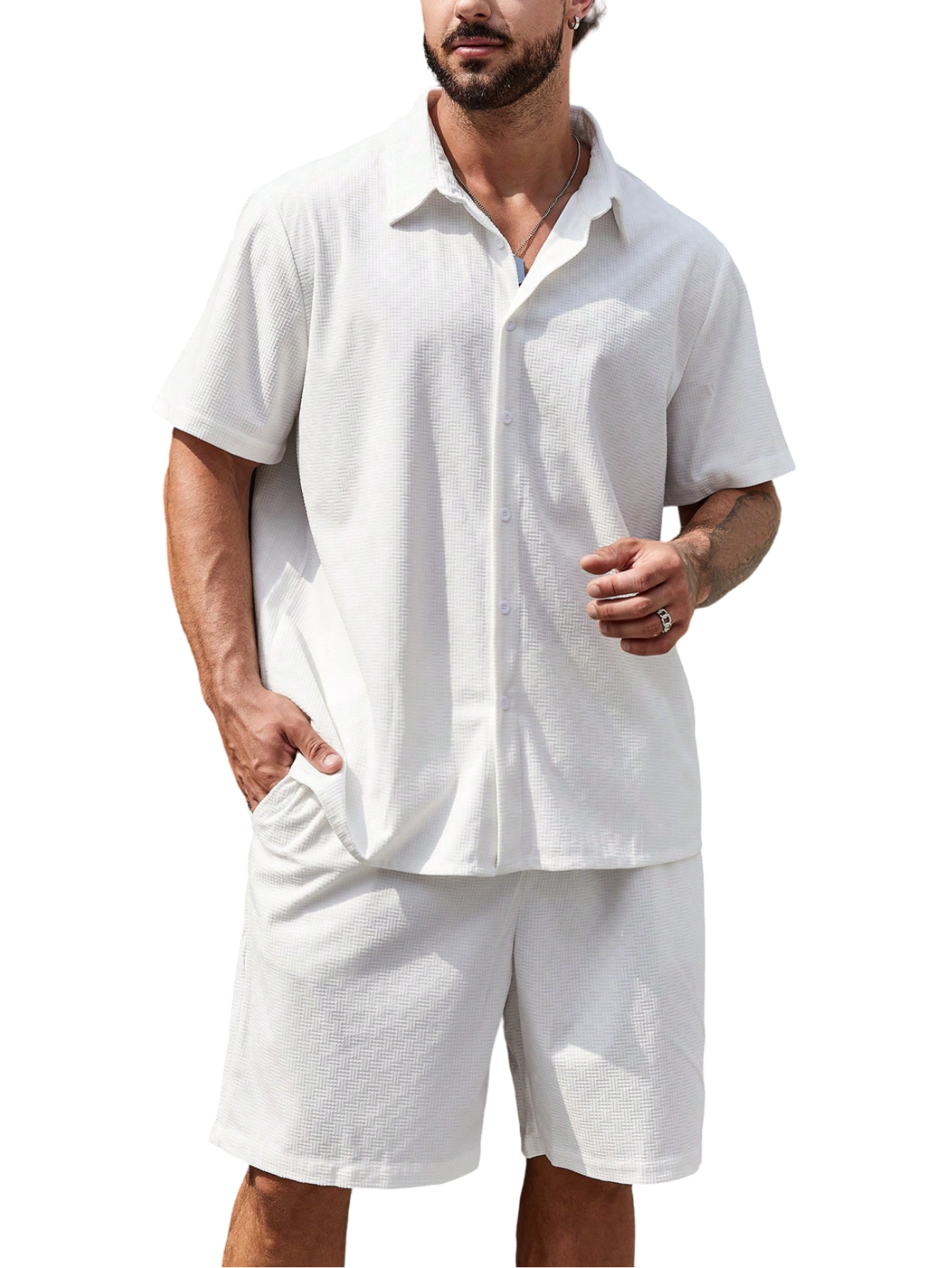 Solid Colored Button Up Shirt And Shorts-Vacay Outfit