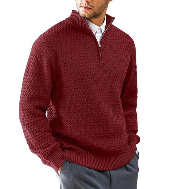 Classic Quarter Zip Textured Pullover Sweater In Slim Fit Style For Men
