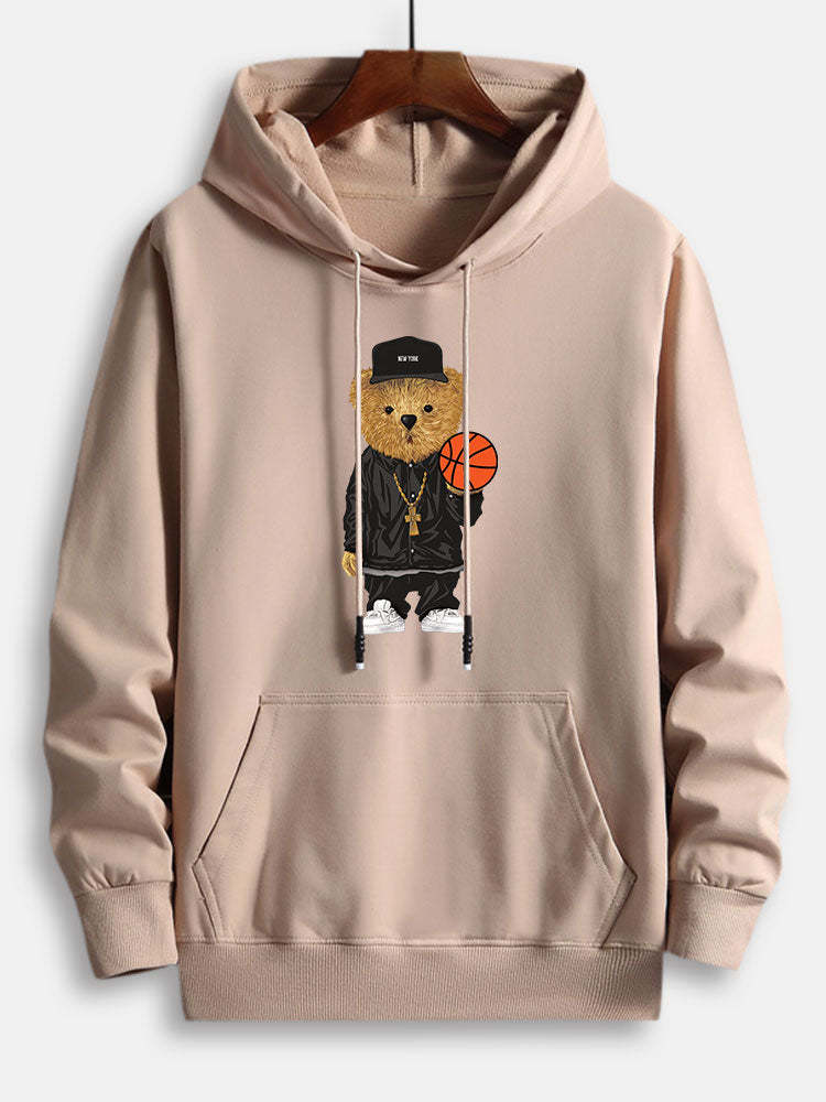 Basketball Bear Print Cotton Hoodie-Vacay Outfit