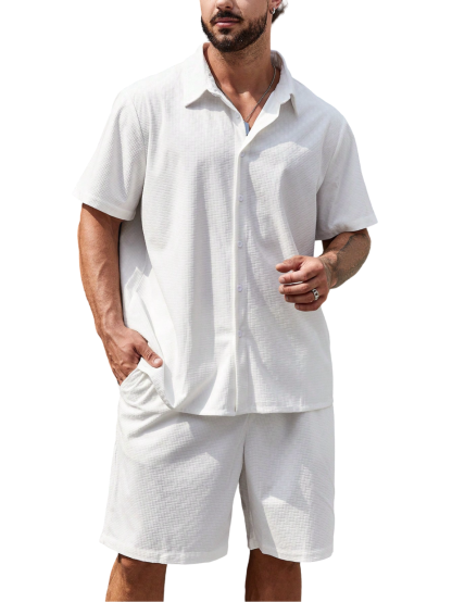 Solid Colored Button Up Shirt And Shorts-Vacay Outfit