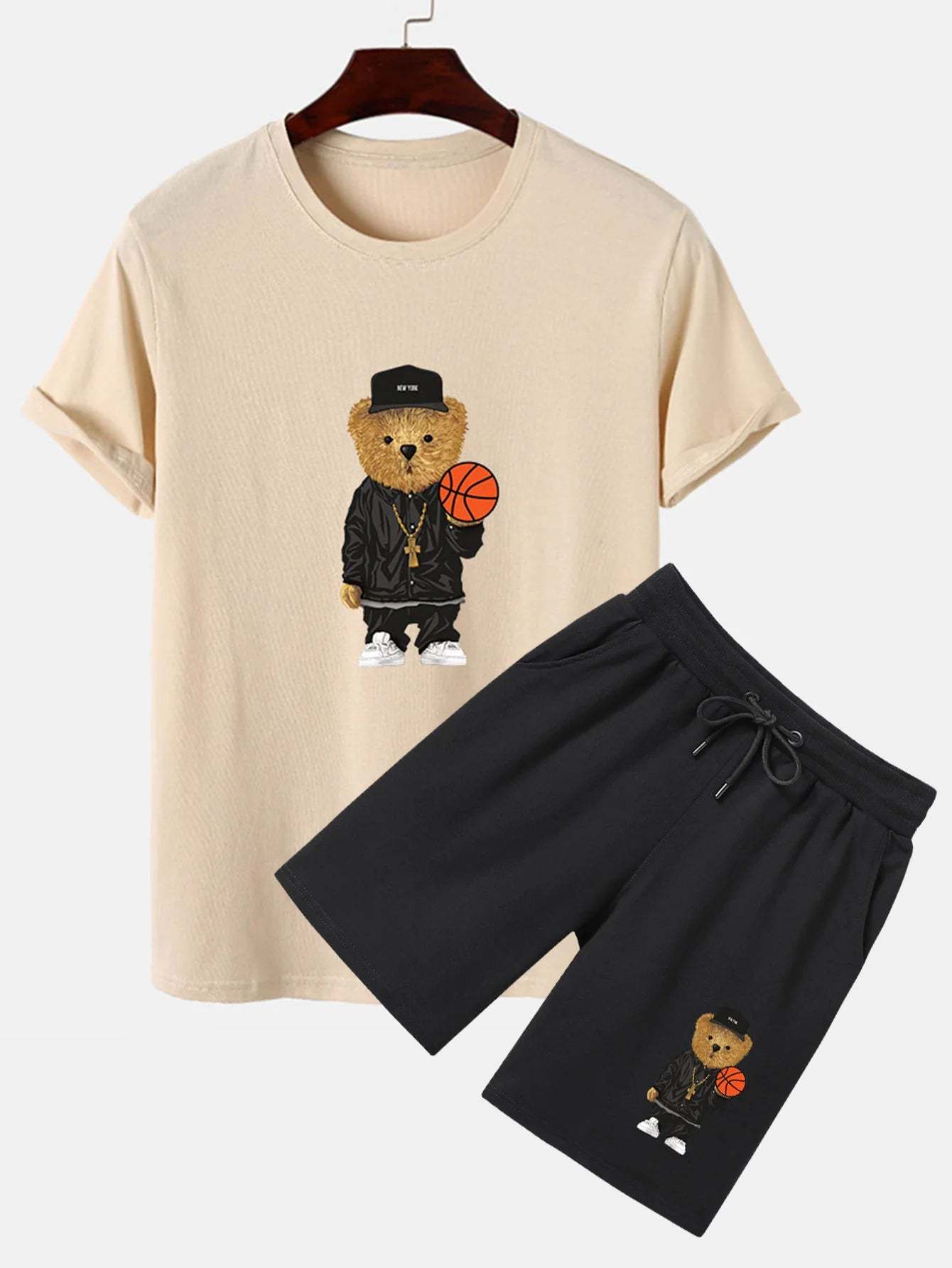 Basketball Bear Print T-Shirt And Shorts-Vacay Outfit